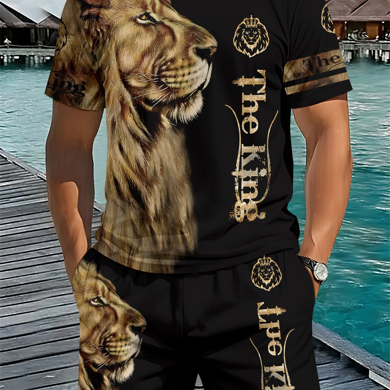 TEMU Conjunto de 2 Piezas para Hombre con Estampado Digital 3D, Cuello y Manga Corta, Estampado - Estilo Casual de Lujo con Identificación