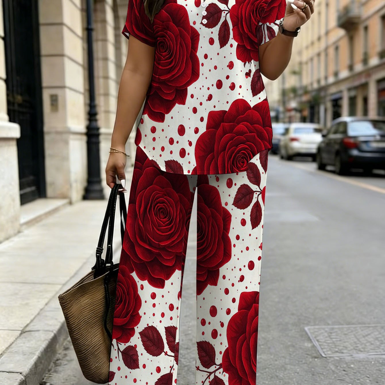 Plus Size, Plus Size Women's Fashion 2pcs Set. Red Rose Floral Pattern With Leaf Details And Polka Dot Accents. Suitable For Spring Summer Autumn Wear