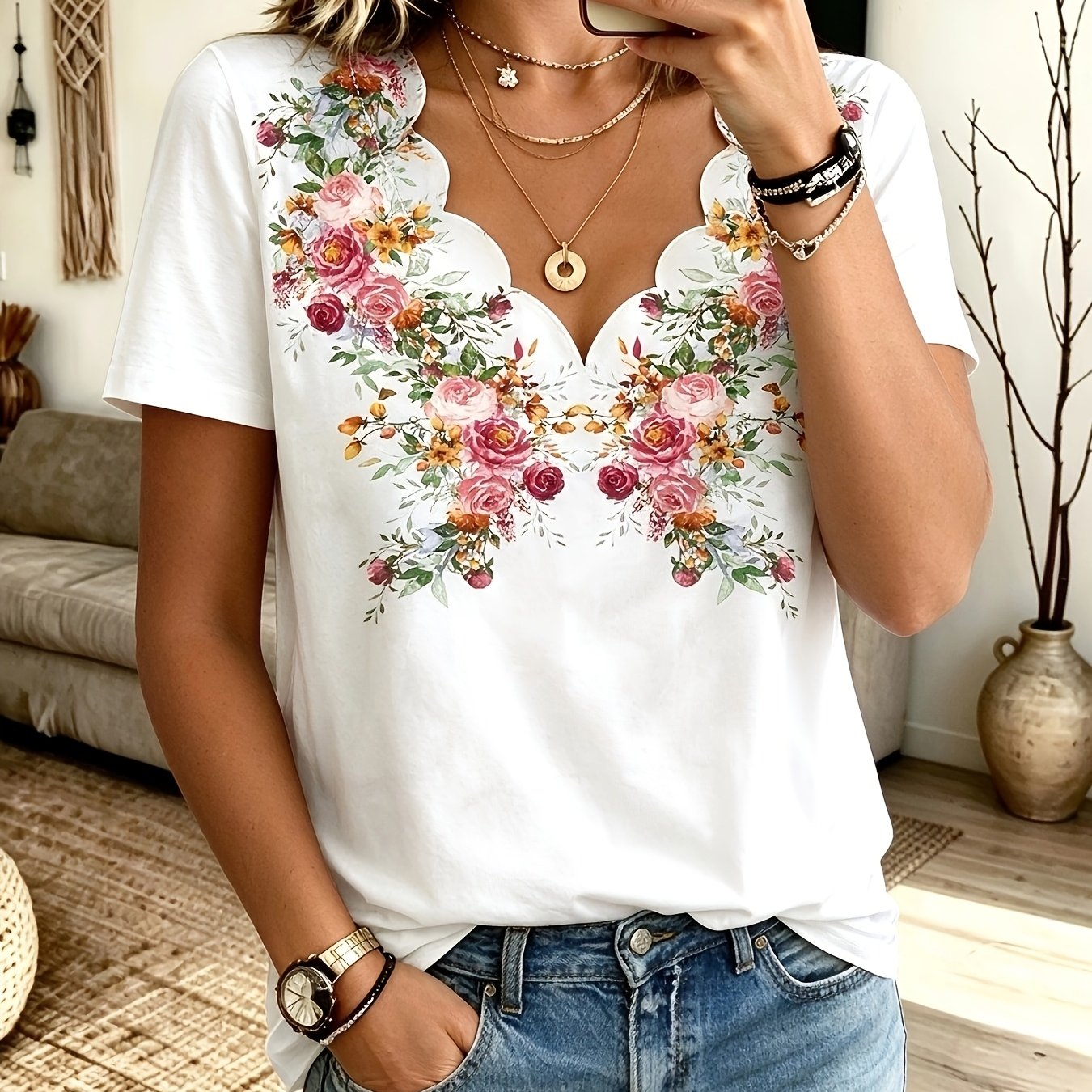 Image of Plus Size - Plus Size - Western -border Trade Fashion New Stylish Elegant Floral Print Wavy V-neck Plus Size Women's Short Sleeve T-shirt
