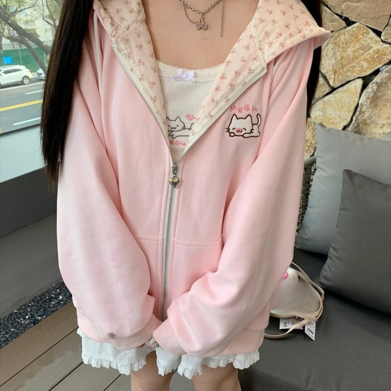 Image of Y2k Autumn Winter Pink Cute Kawaii Casual Embroidery Zipper Hooded Long Sleeve Sweatshirt Women's Clothing