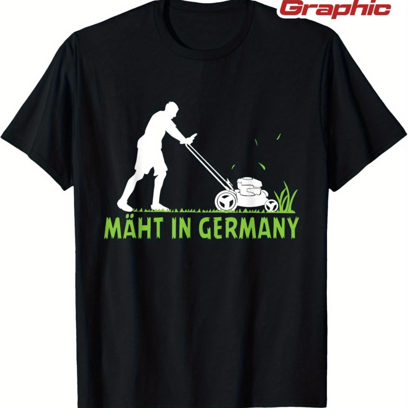 Image of Plus Size Men's Vintage In Germany Humorous Gardening T-shirt Black With Green Graphic Print, Short Sleeve, Casual Summer Tee Outdoor Activities& Hobby , , Crew Neck, , Regular Fit, Plus Size