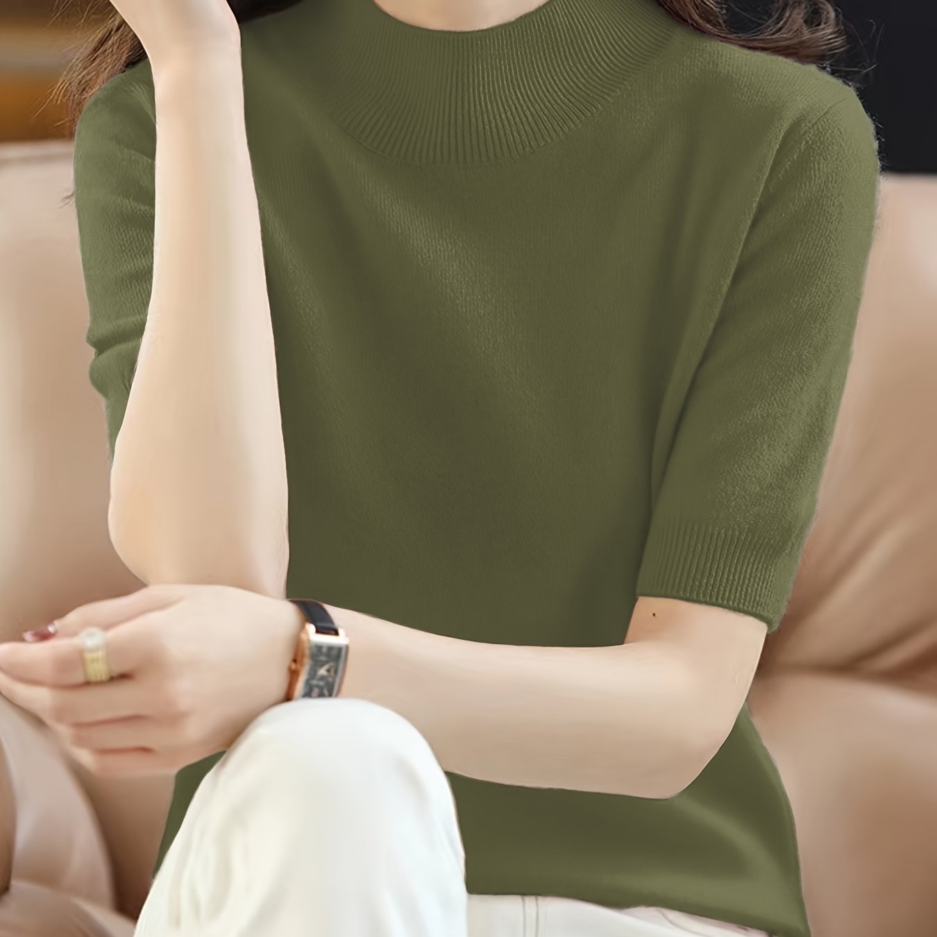 TEMU Temperament Élégant Demi-Col Manches Courtes Pull Court Double Couche T-shirt de Base Manches Mi-Longues