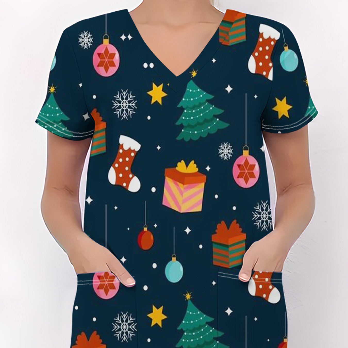 TEMU Plus Size, Women's Fashion V-neck Short-sleeve Uniform With Pockets, Featuring Vivid Cartoon Elements, Breathable , Suitable For And Daily Use.