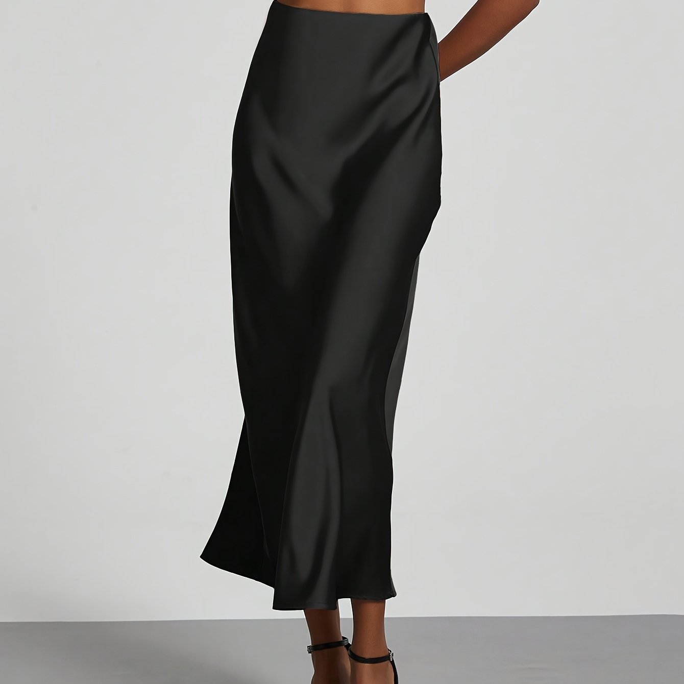 TEMU Women's High-waisted Satin Midi Skirt With Elastic Waistband - Black, , Smooth Fabric, Machine Washable, Spring/summer/fall