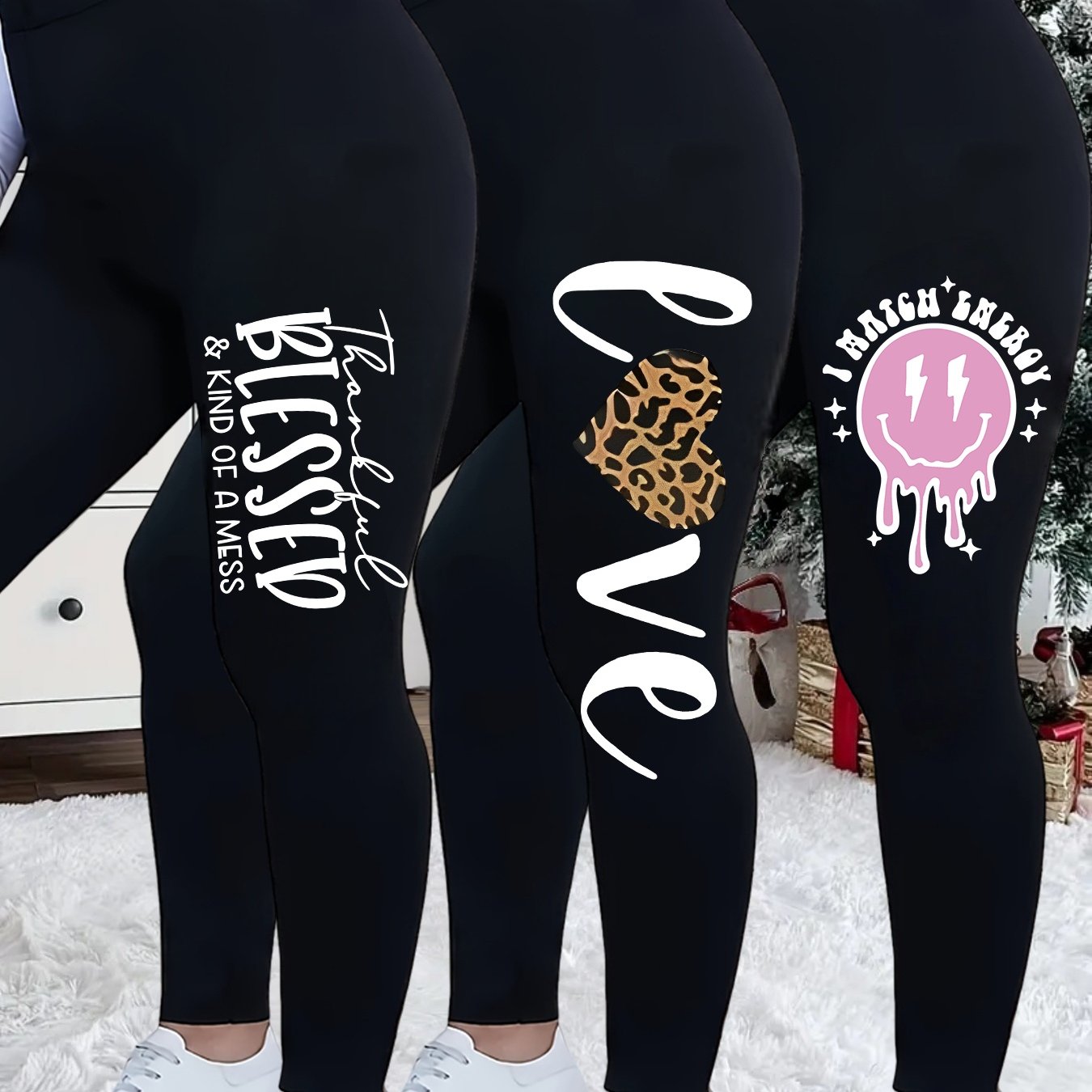 TEMU Plus Size, Christmas Extended 3pcs Plus Size S Long Pants, Women' Color Elastic Waistband Leggings, Plus Size Leggings Pant For Women, Winter