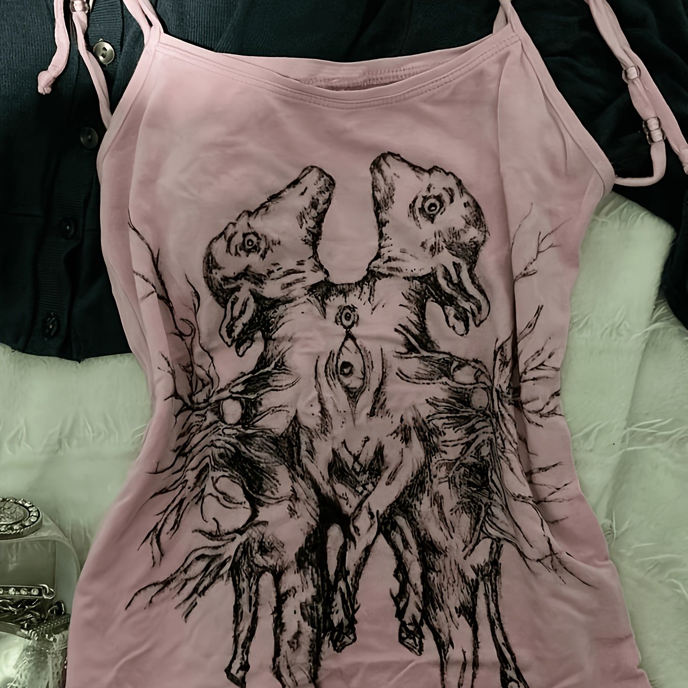 TEMU Y2k Retro Gothic Style Dark Double-headed Sheep Print Cami Dress, Spicy Bodycon Short Top ()