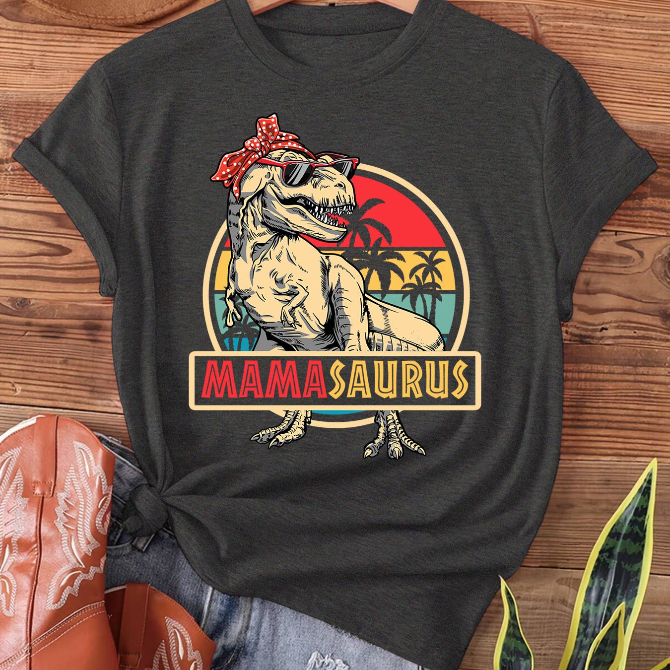 Mamasaurus T Rex Dinosaur Mama Family Matching Print T-shirt, Short Sleeve Crew Neck Casual Top For Summer And Spring, Women's Clothing