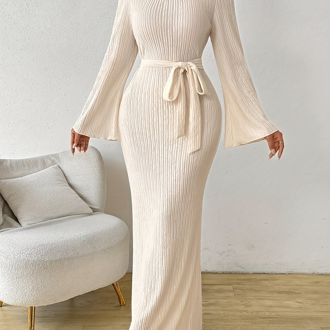 Image of Elegant Solid Color Flared Sleeve Dress For Women - Ribbed Knit With Belt, Machine Washable - Perfect For Spring/fall