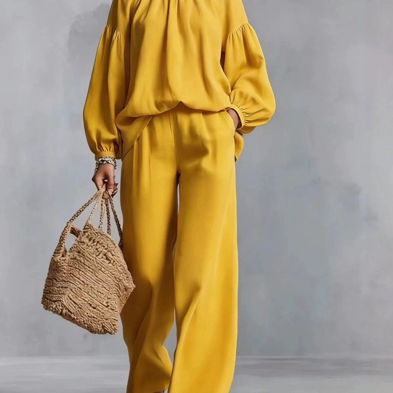 Image of Fall Crew-neck Long-sleeve Loose Casual Top And Wide-leg Pants And Long Pants Set