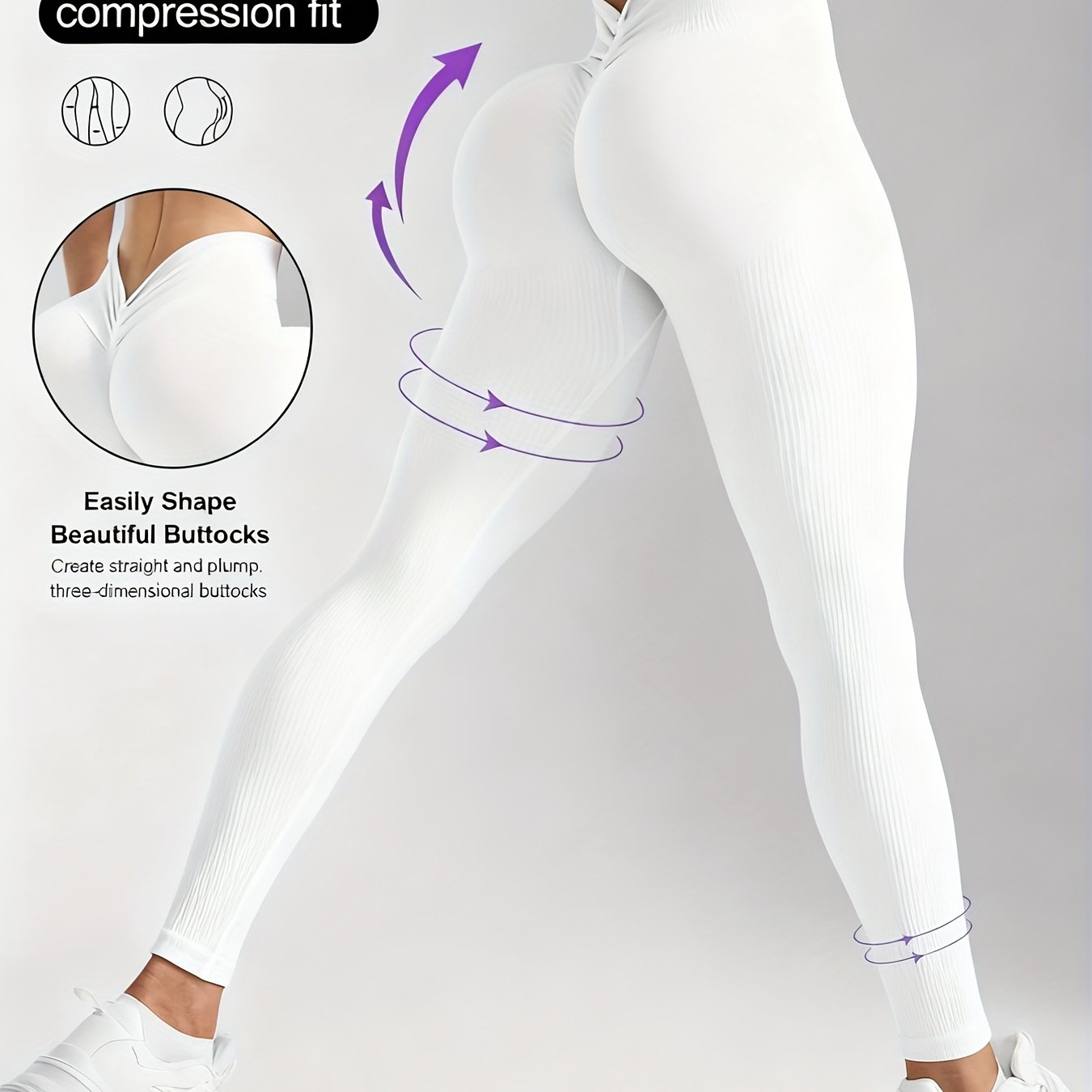 TEMU Women' Solid Color Ribbed Long Pants, Lifting Design In Waistband, Tummy Control And Hip Lifting, For Outdoor, Fitness, Or Dance, , Pants,