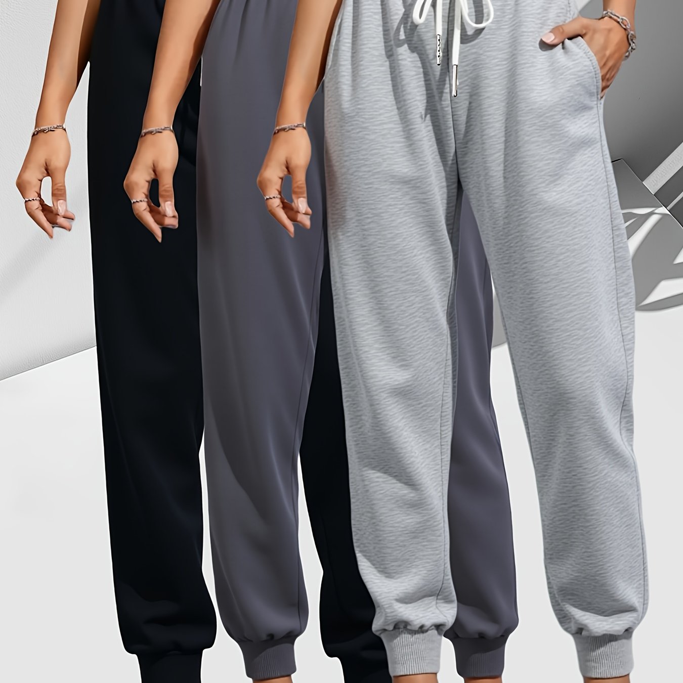 Women's 3pcs Casual Joggers With Drawstring Waist And Pockets - Comfy Polyester Running Pants For Spring/fall, Loose, Long Pants