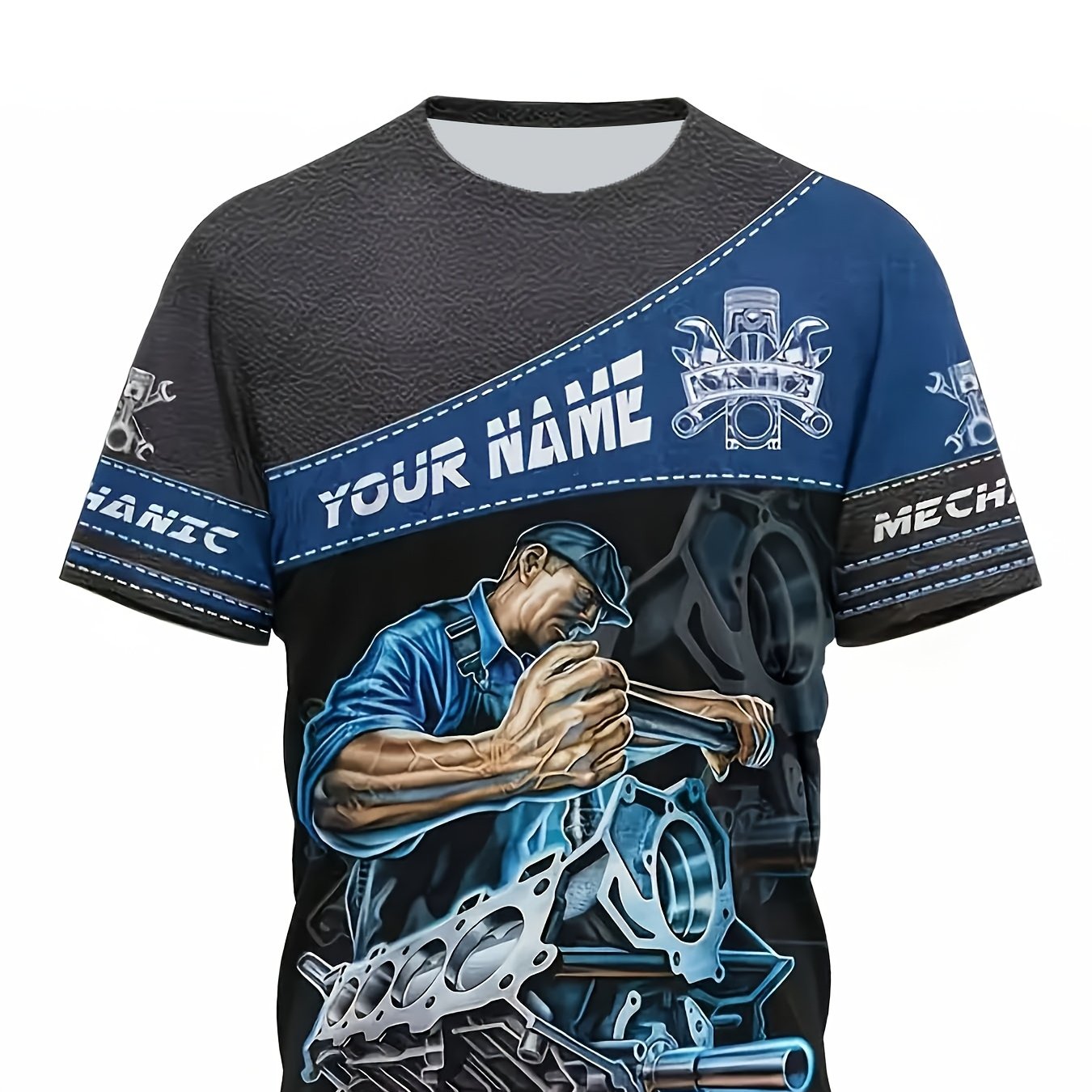 TEMU Custom Men's Mechanical Theme Print T-shirt, Casual Round Neck Top, Tool And Gear , Customizable Name, Text, Team Name, Suitable For Mechanics