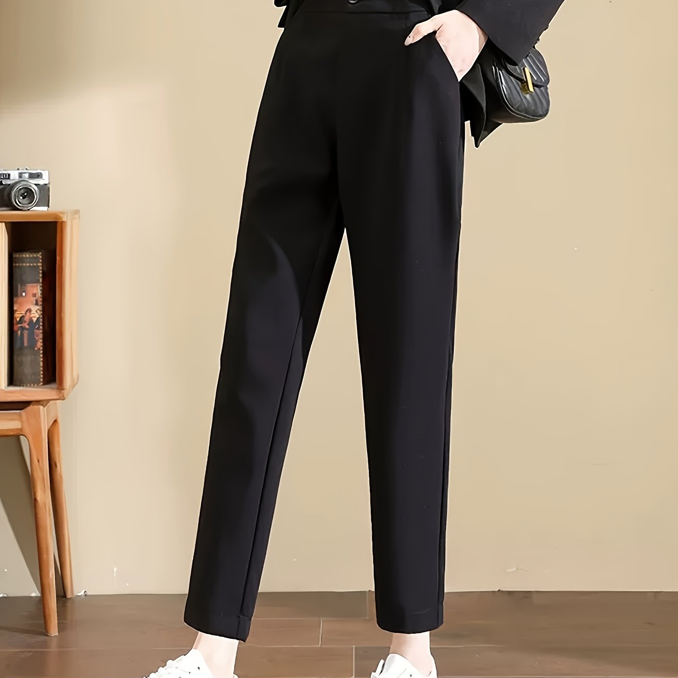 TEMU 新しい女性の黒のスーツ 春秋 ハレムパンツ フェイクボタンデザイン テーパードパンツ ハイウエスト ストレッチ ラディッシュパンツ カジュアルパンツ オフィス 通勤