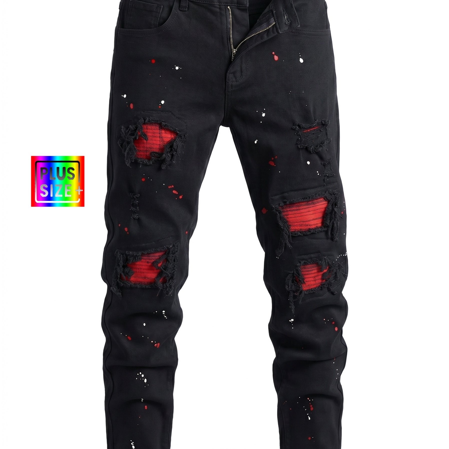 Image of Hme-men's Black And Red Splatter-print Denim Trousers: Plus-size Stretch Slim-fit, Ripped And Cool Casual Pants. The Slim-fit Perfect For Plus-size Men And With A Build., Plus Size