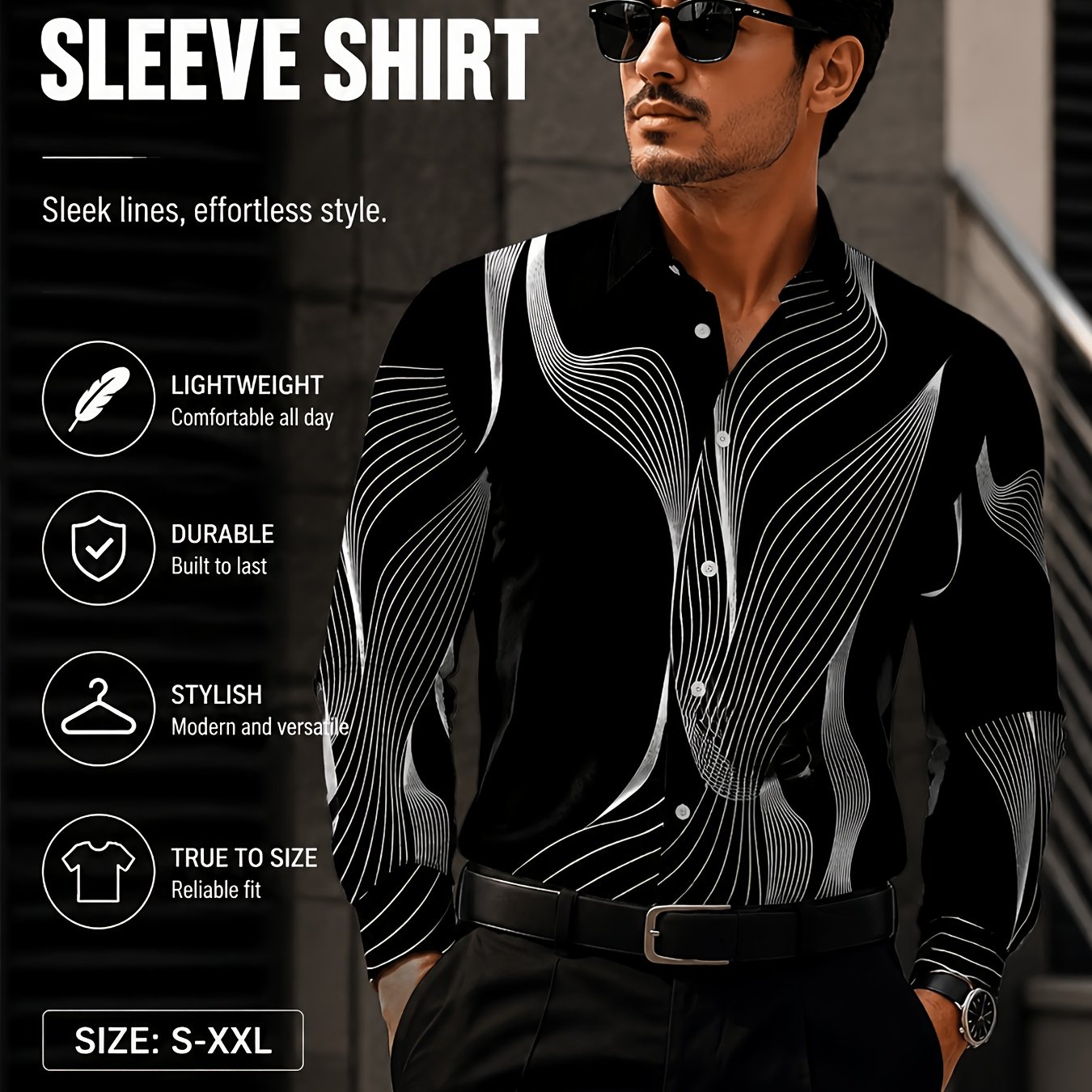 TEMU Men's Fashion Abstract Long Sleeve Shirt Trendy Casual Versatile Lapel Cardigan Top