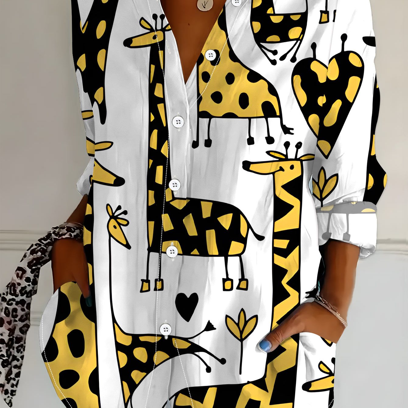 TEMU Plus Size, Plus Size Women's Long Sleeve Shirt, Printed Blouse, Giraffe Element Midi-length Women's Shirt, Yellow And Shirt, Soft, Comfortable,