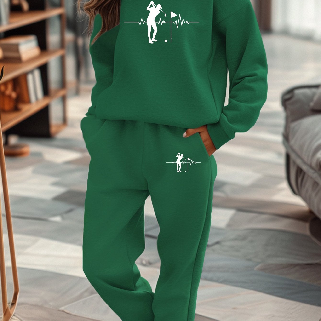 TEMU Women's Casual Red Golf-themed Sweatshirt & Sweatpants Set With Heartbeat - Fall/winter, Crew Neck, Comfortable Activewear, Activewear