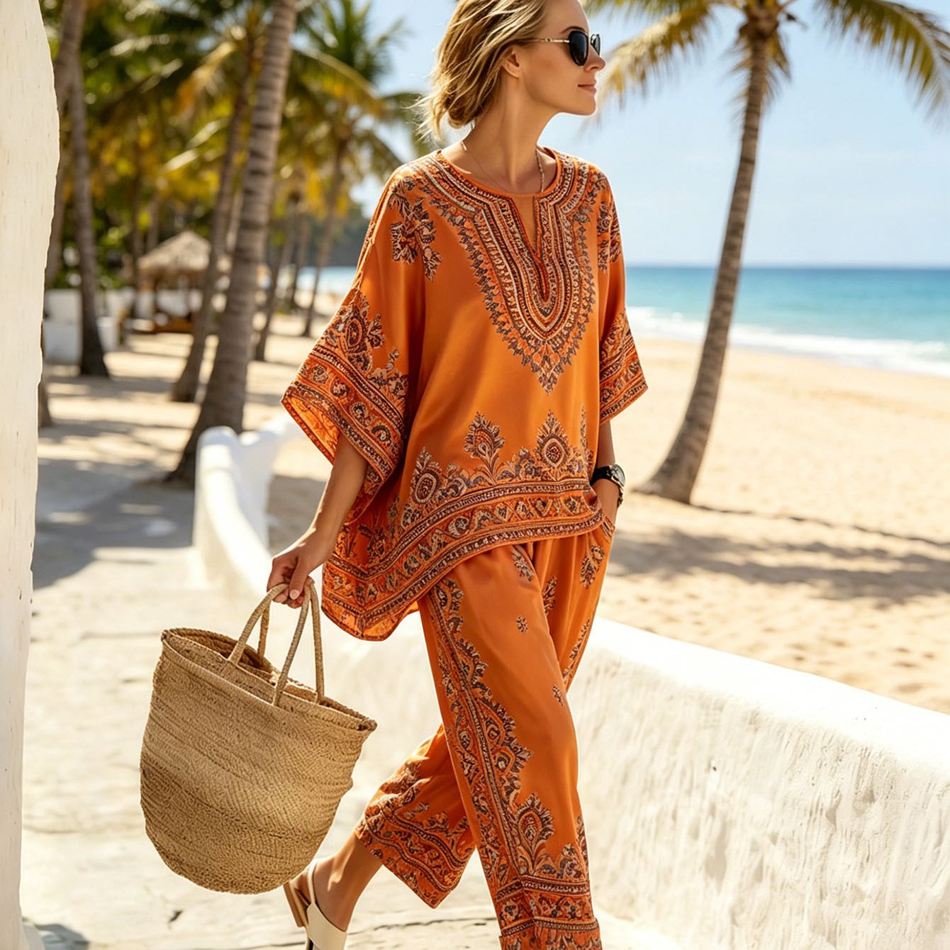 Bohemian Orange Vacation Set, Draped Loose Outfit For Beach Trips And Photos