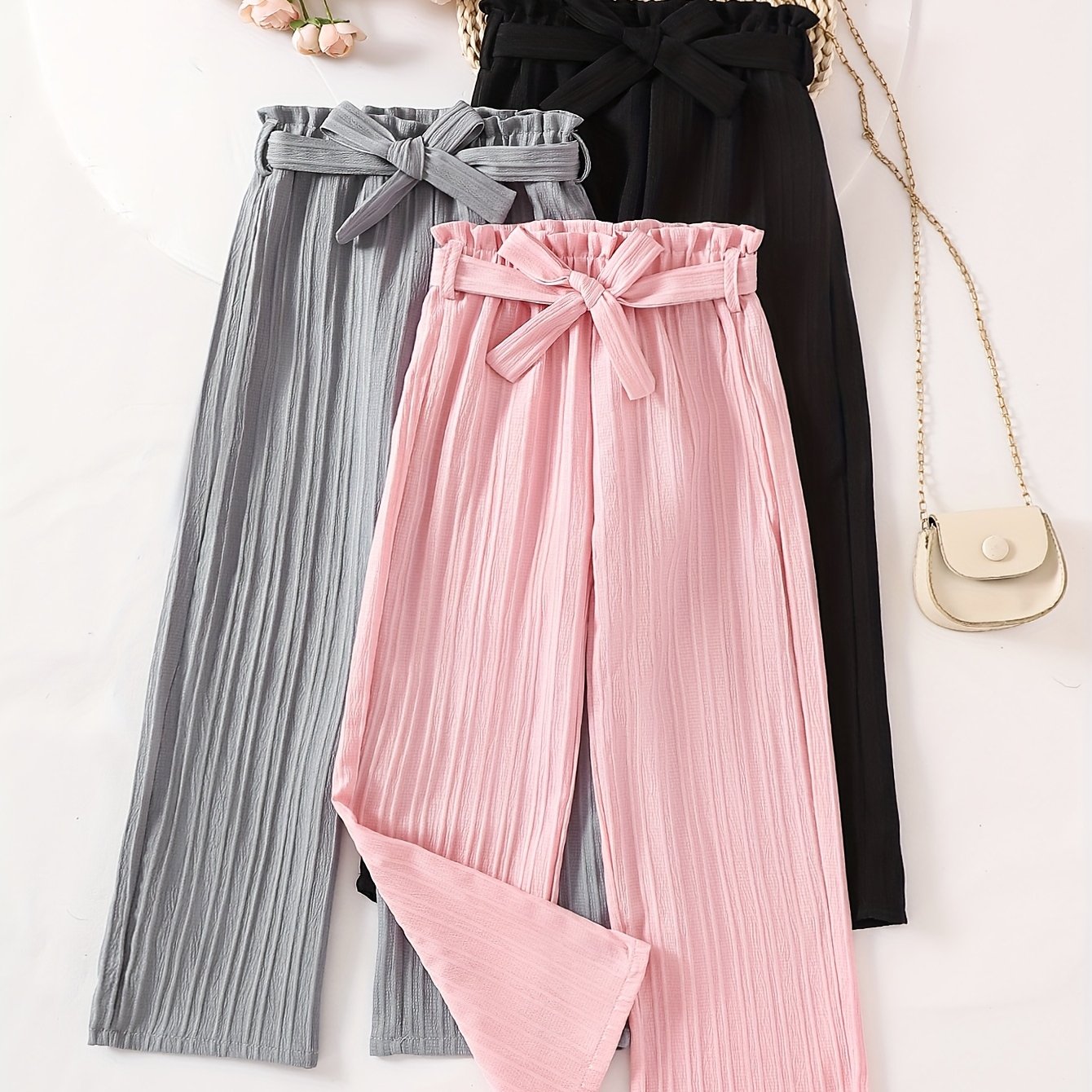 Image of Girls' Fashion Textured Fabric Vertical Stripe Pants With Bow Belt Design, Three-piece Pants Set, Perfect For Outdoor