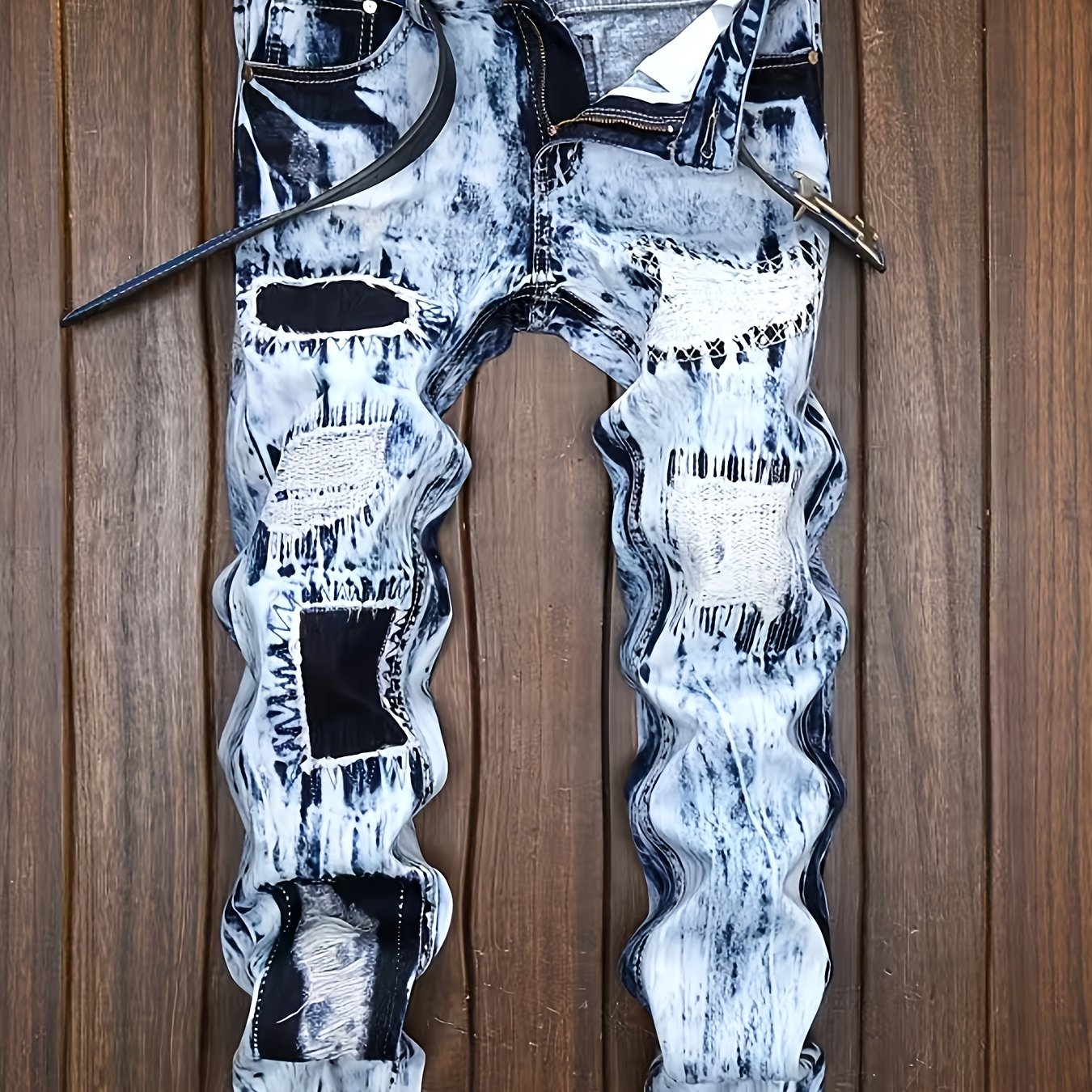 Image of Men's Trendy Light Jeans With Embroidered Distressed Patches, Featuring A Color- Design And A Straight Leg Cut, Perfect For Casual Urban Fashion