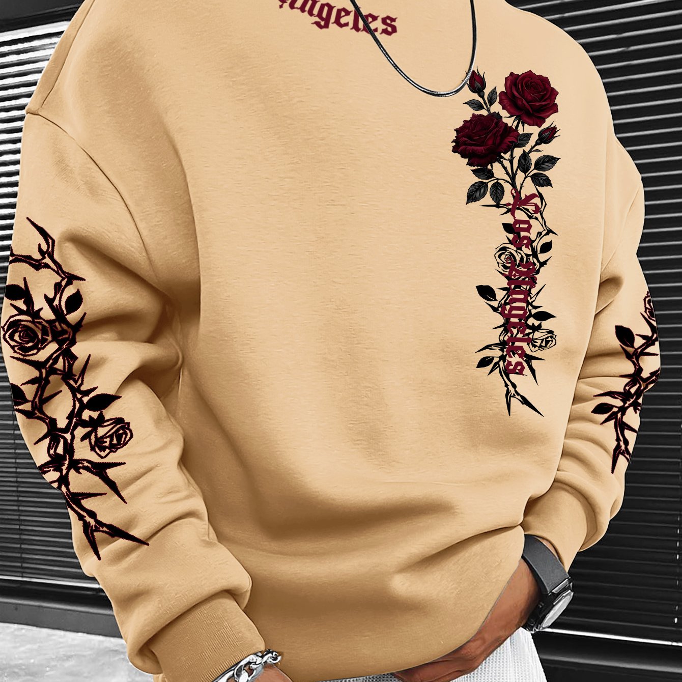 TEMU Fashionable Men's Dark-themed Round-neck Sweatshirt With A And Gothic Text Design