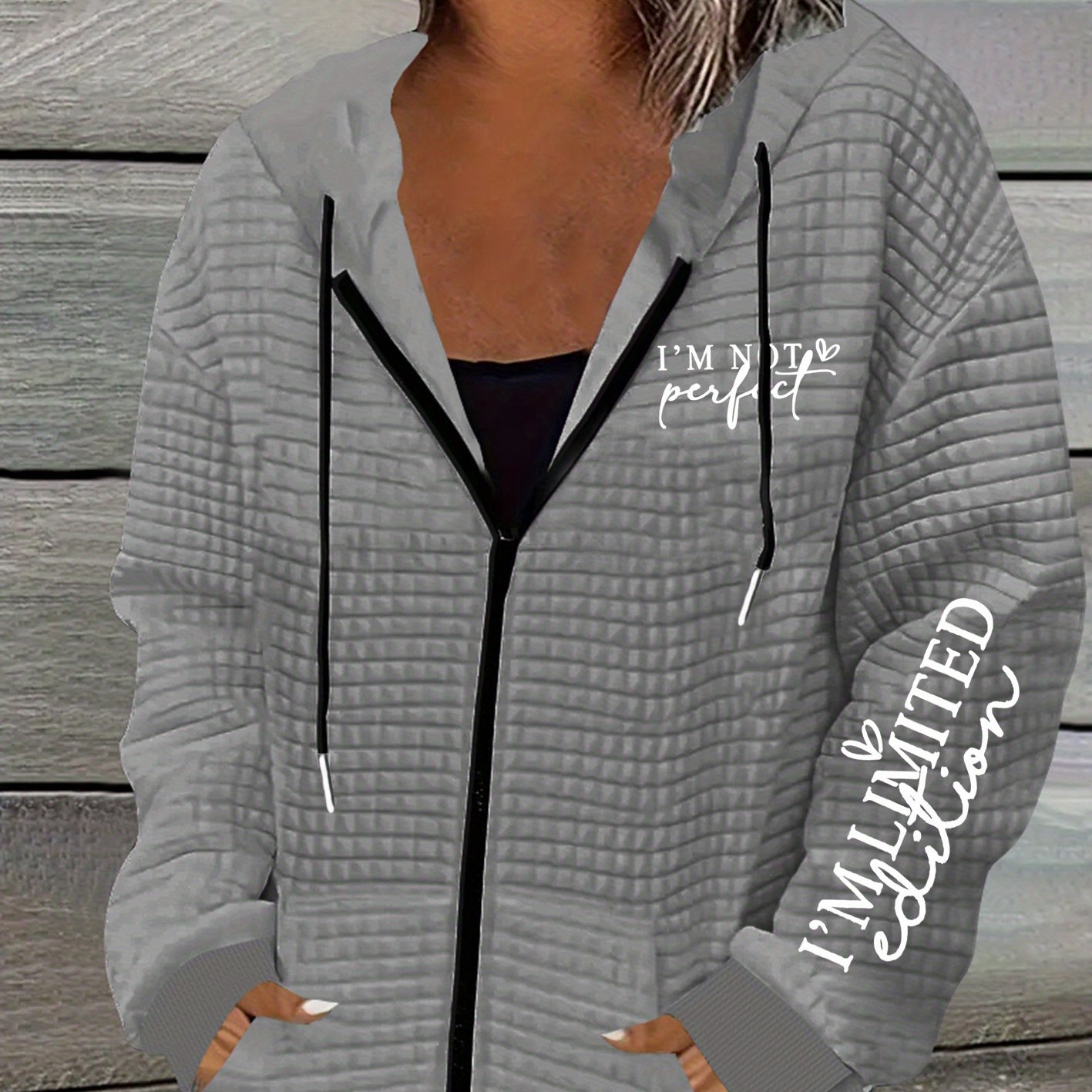 E-shop Modischer Trend-Letter-Print, lässiger Damen Waffel Zip-Up Hoodie mit Kordelzug - Aus hochwertigen Materialien, maschinenwaschbar, mit