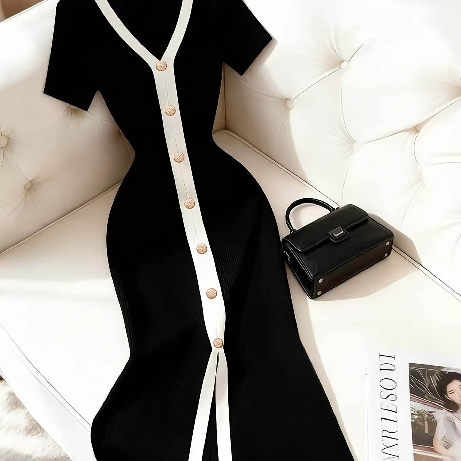 TEMU Women's French Block V-neck Trim Vertical Striped Button Front Slit Hem Casual/work Dress