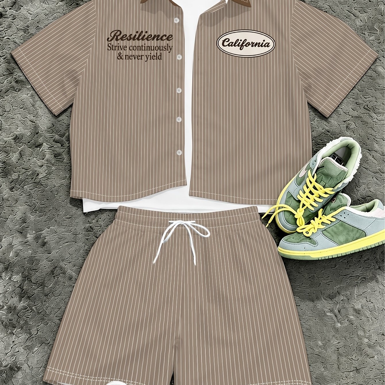 TEMU Men's Striped Short-sleeve Shirt And Shorts Set, Color-block Lapel With Letter Print, Casual Outfit With Trendy California Slogan For Daily