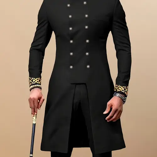 mens long sleeve suit round neck button cardigan with pockets and split hem embroidered drawstring pants 2pcs casual shirt and trousers set for street style wedding