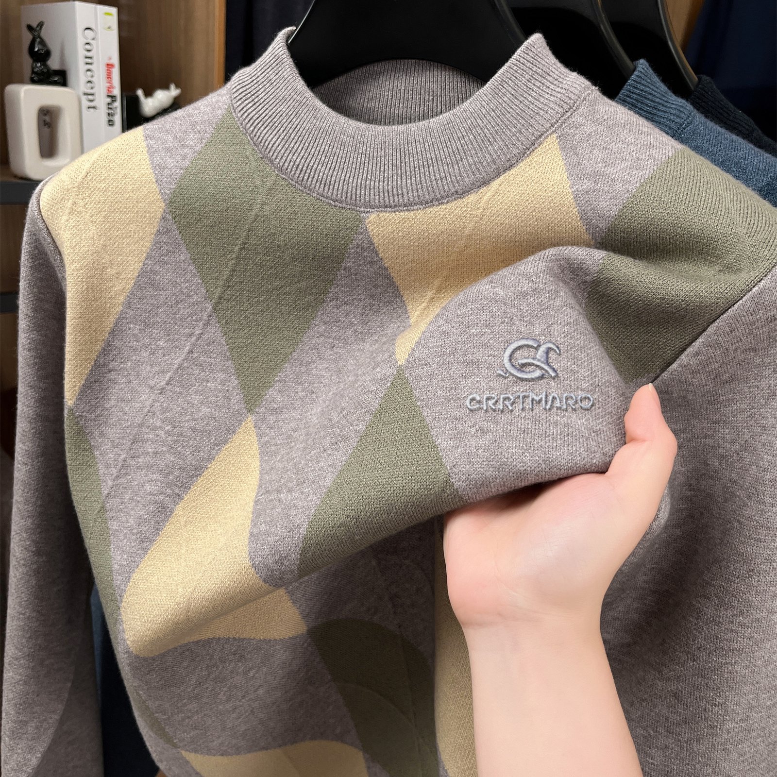 Image of Carterma Crrtmaro Embroidered Sweater Men's Warm Autumn And Winter Fleece Thickened Semi-high Collar Base Shirt Casual Men's Clothing