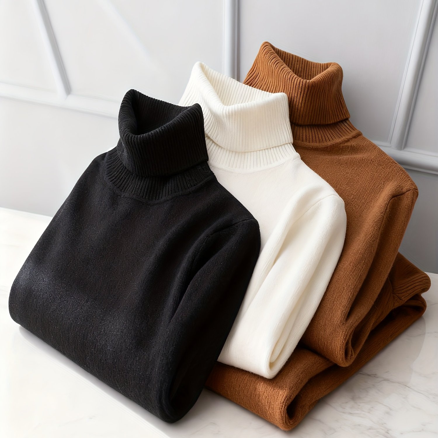 TEMU 3pcs Men's High Neck Sweaters - Slim Fit Long Sleeve Pullover Sweaters In, Brown - Stretchy Knit Sweaters For Fall/winter, Everyday & Formal