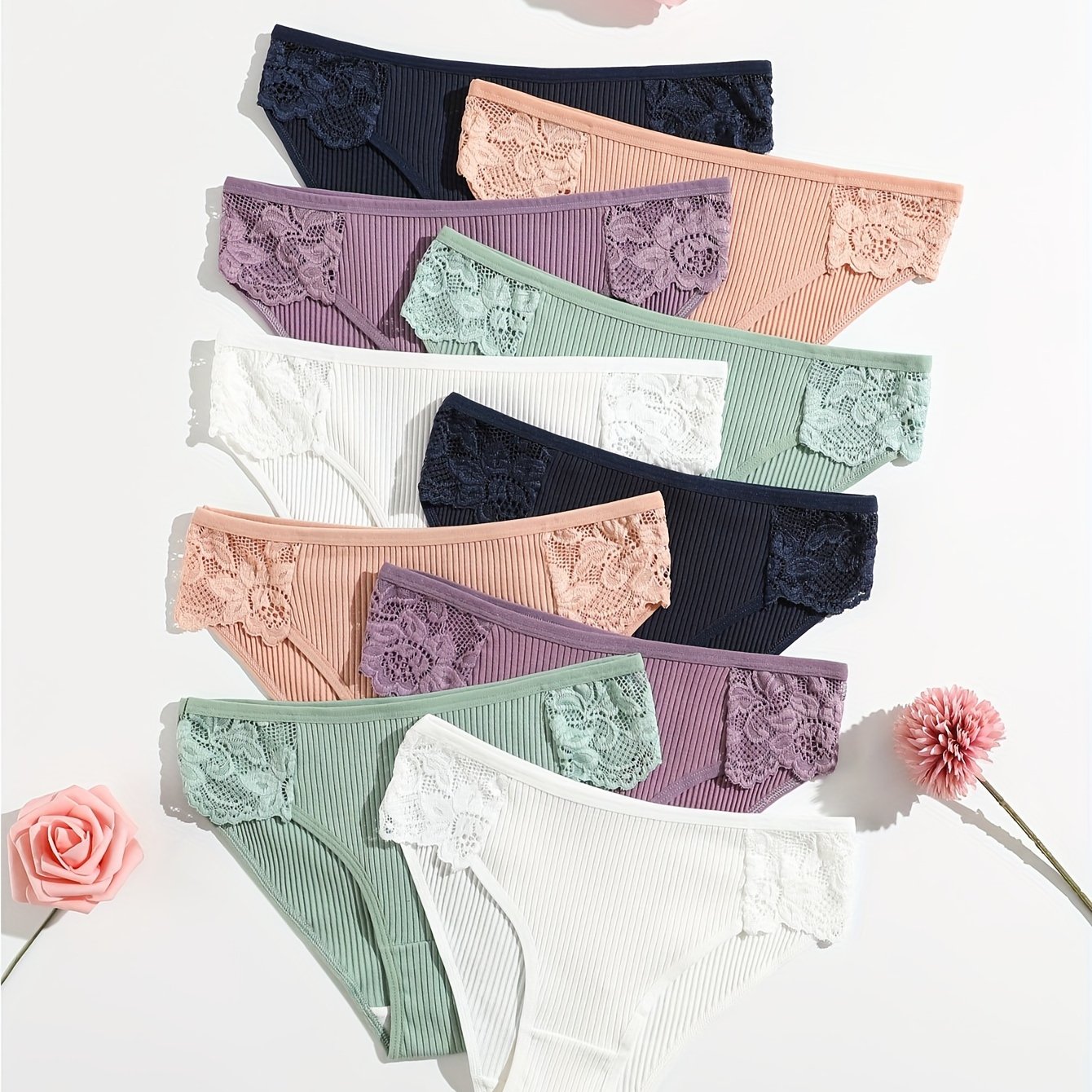 10pcs/pack Women Lace Briefs Elastic Breathable Soild Color Thread Ladies Panty