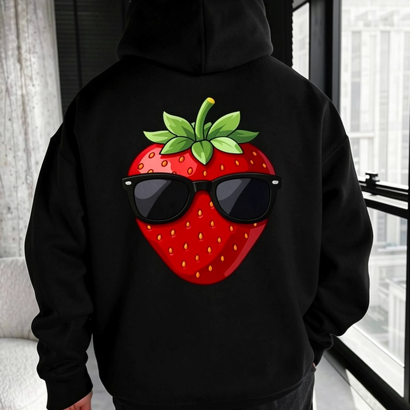 Image of Cool Strawberry With Sunglasses Graphic Hoodie, Unisex Hooded Sweatshirt, Long Sleeve Pullover, Relaxed Fit Casual Streetwear Top For Fall Winter, Daily Wear, Outdoor Activities, Travel And Weekend
