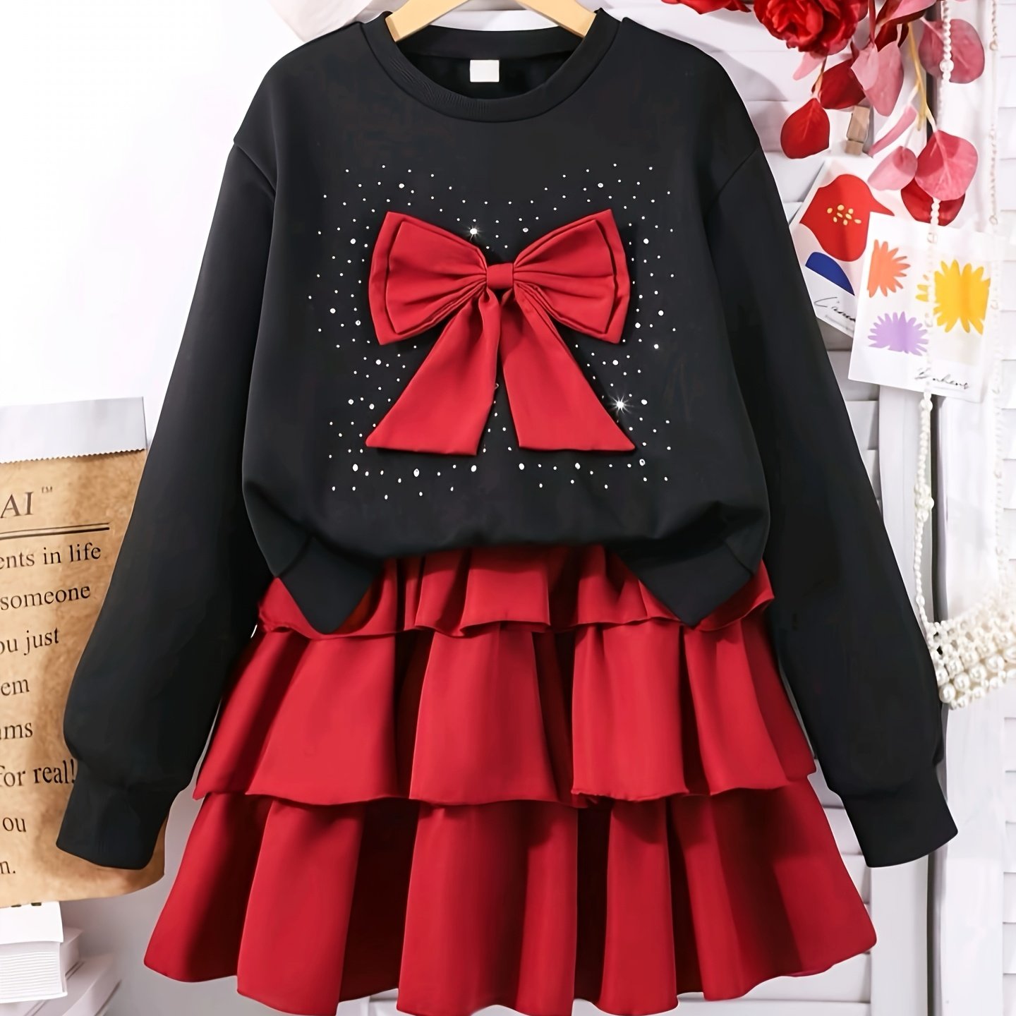 Image of Girls' With Heat Transfer Pattern And Print Long Pants With Pocket 2pcs Set, Suitable For Fall Fashion Casual And Versatile Daily Wear, For Outdoor, Christmas, Halloween