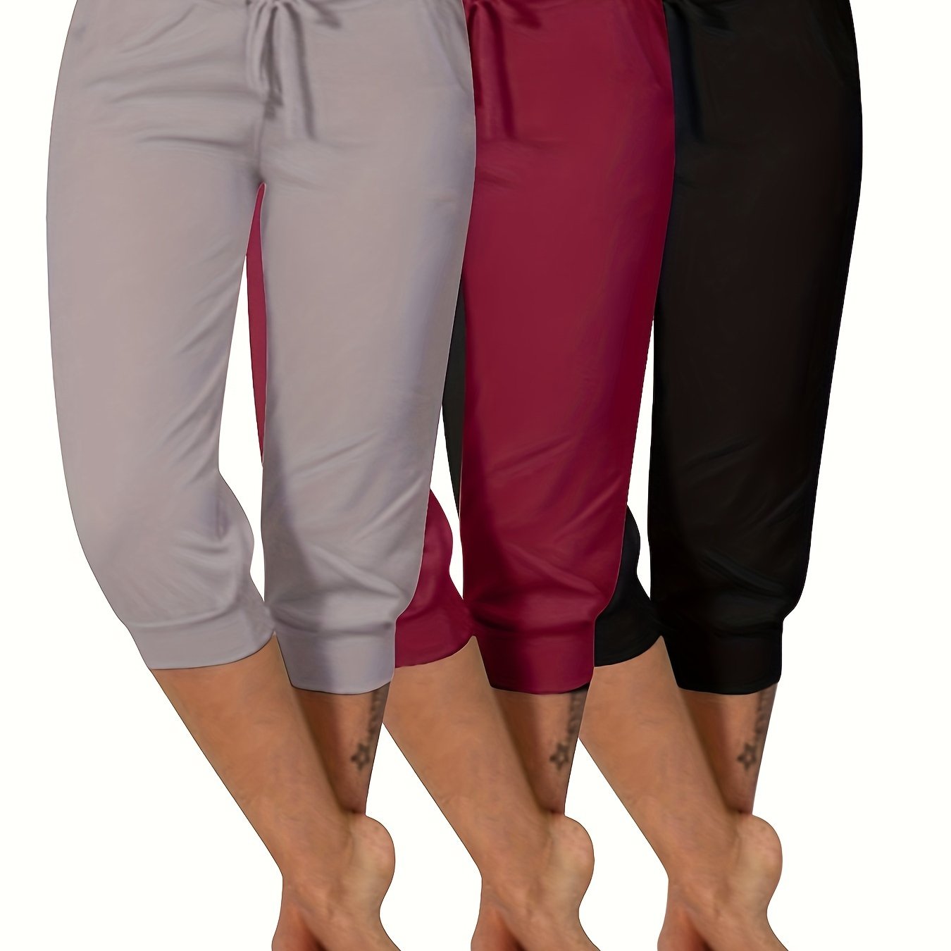 Women's Plus Size 3pcs Sexy Solid Yoga Drawstring Capri Pants Set