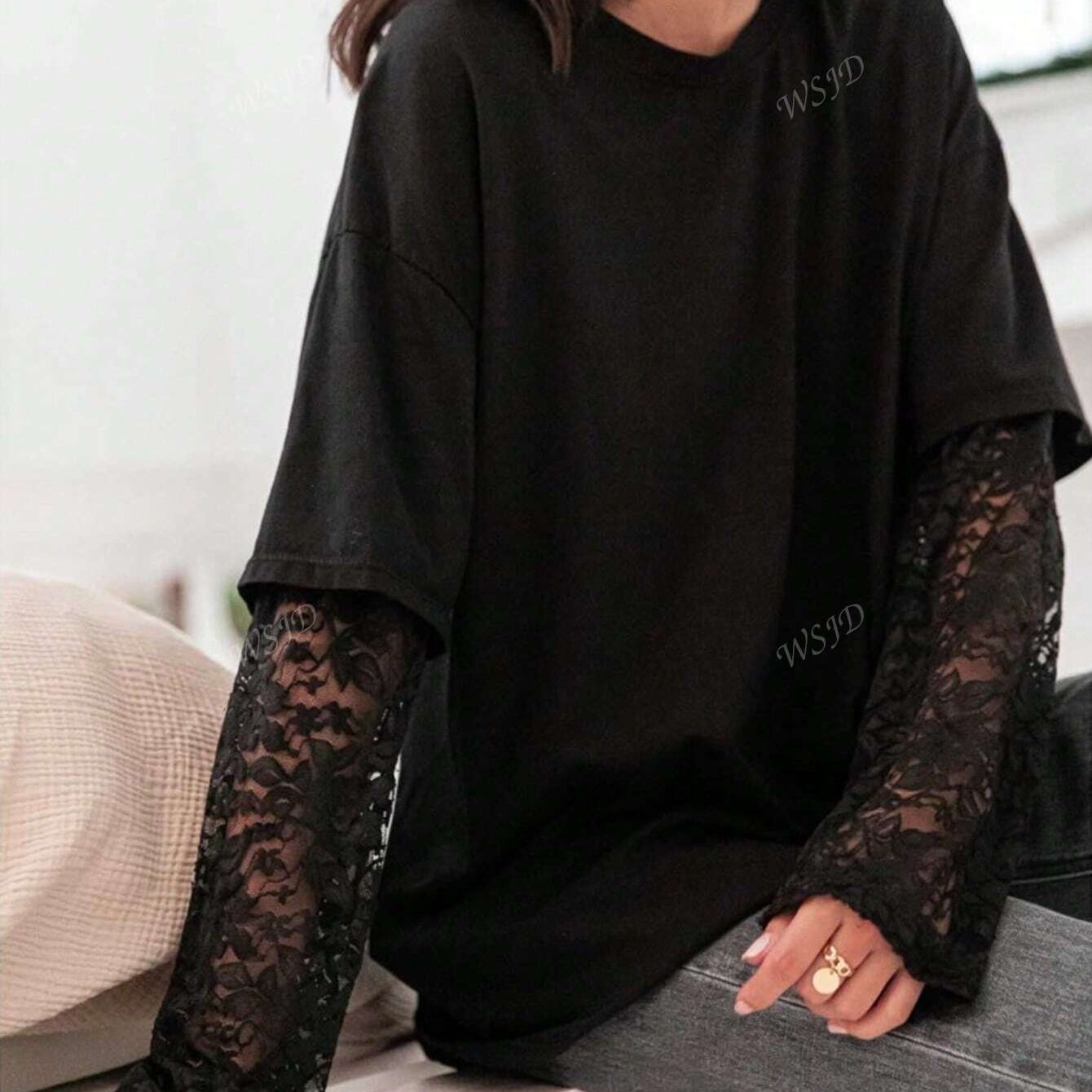 TEMU Women's Summer Casual Round Neck Fake Two-piece Lace Long Sleeve T-shirt, Sheer Layered Sleeve Loose Casual Top