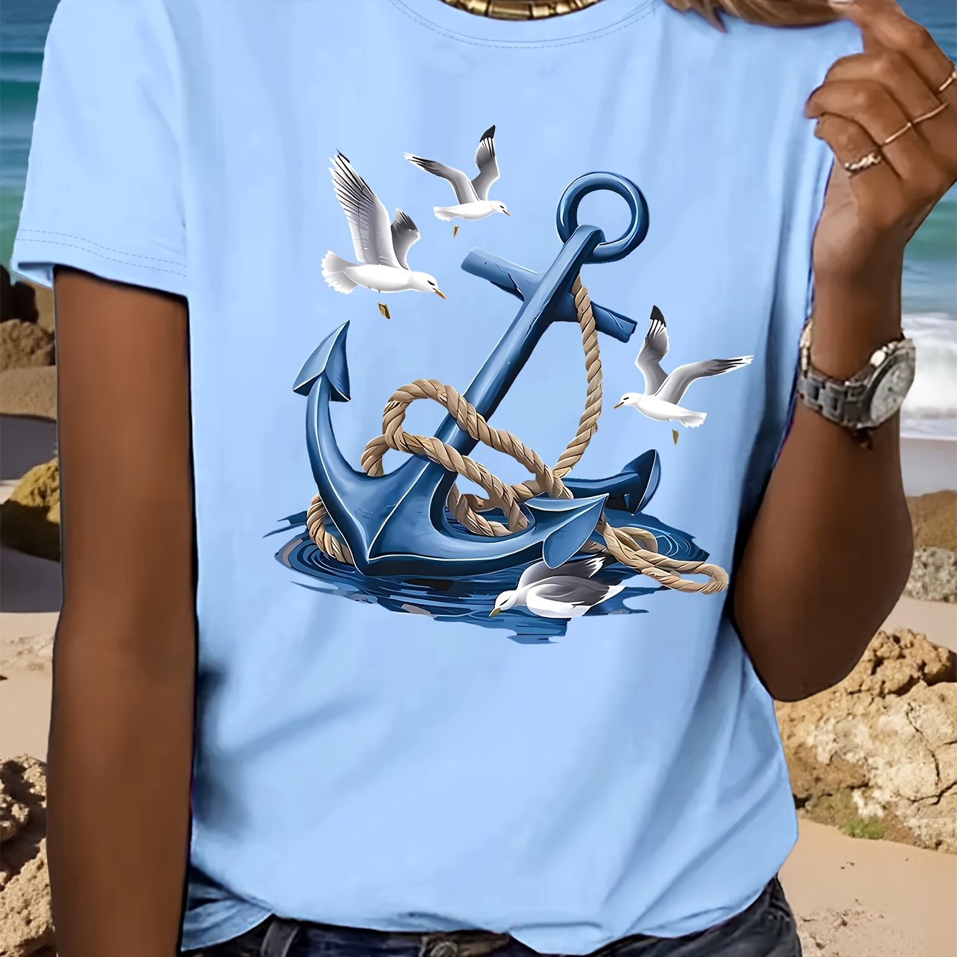Image of Summer Seaside Anchor And Pattern Print + Short Sleeves + Round Neck T-shirt + Spring And Summer Casual Women's Clothing