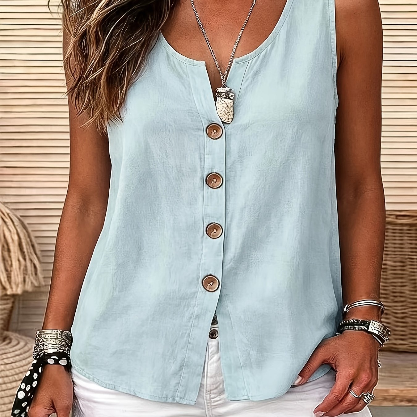 TEMU Women's Casual Sleeveless Top, V-neck Button-up Vest Style, Solid Color Loose Fit Blouse, Suitable For Beach Casual And Daily Wear