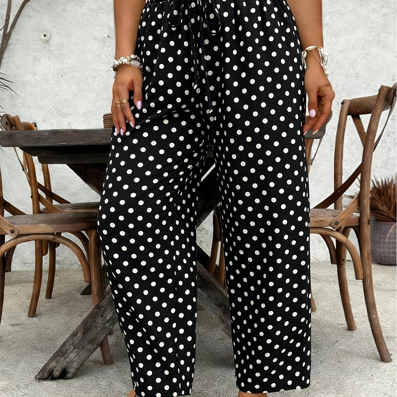 TEMU Women's Polka Dot Casual Pants, Drawstring Waist Tapered Trousers