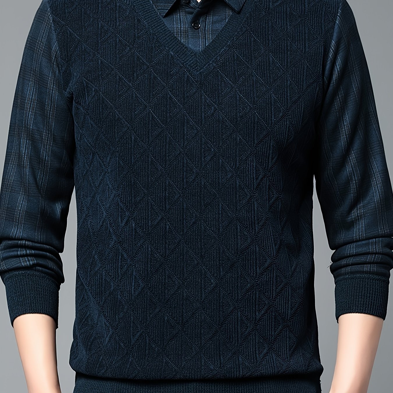 TEMU Men's Casual Striped Knit Sweater With Two-piece Design - Cozy Fleece-lined, Long Sleeve, V-neck Pullover For Fall & Winter, Plus Size Sweaters