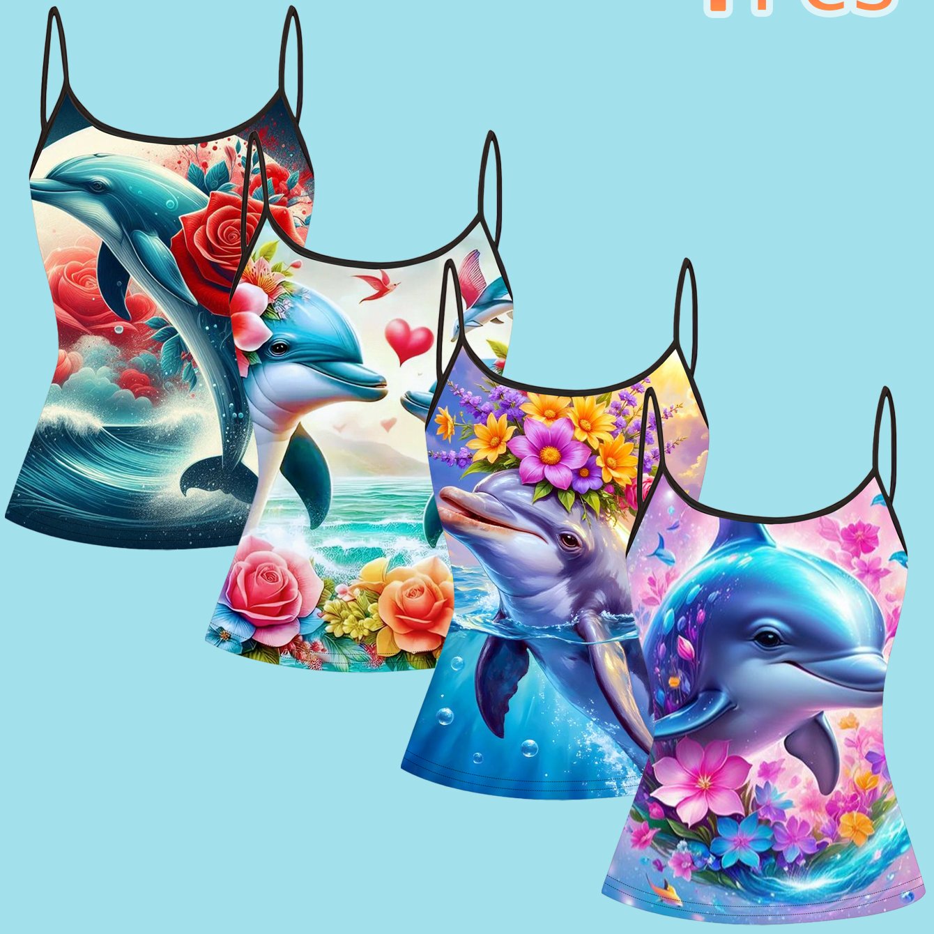 TEMU [4-pack] Multicolor Dolphin Floral Print Women's Thin Strappy Cami Top, Fresh Style
