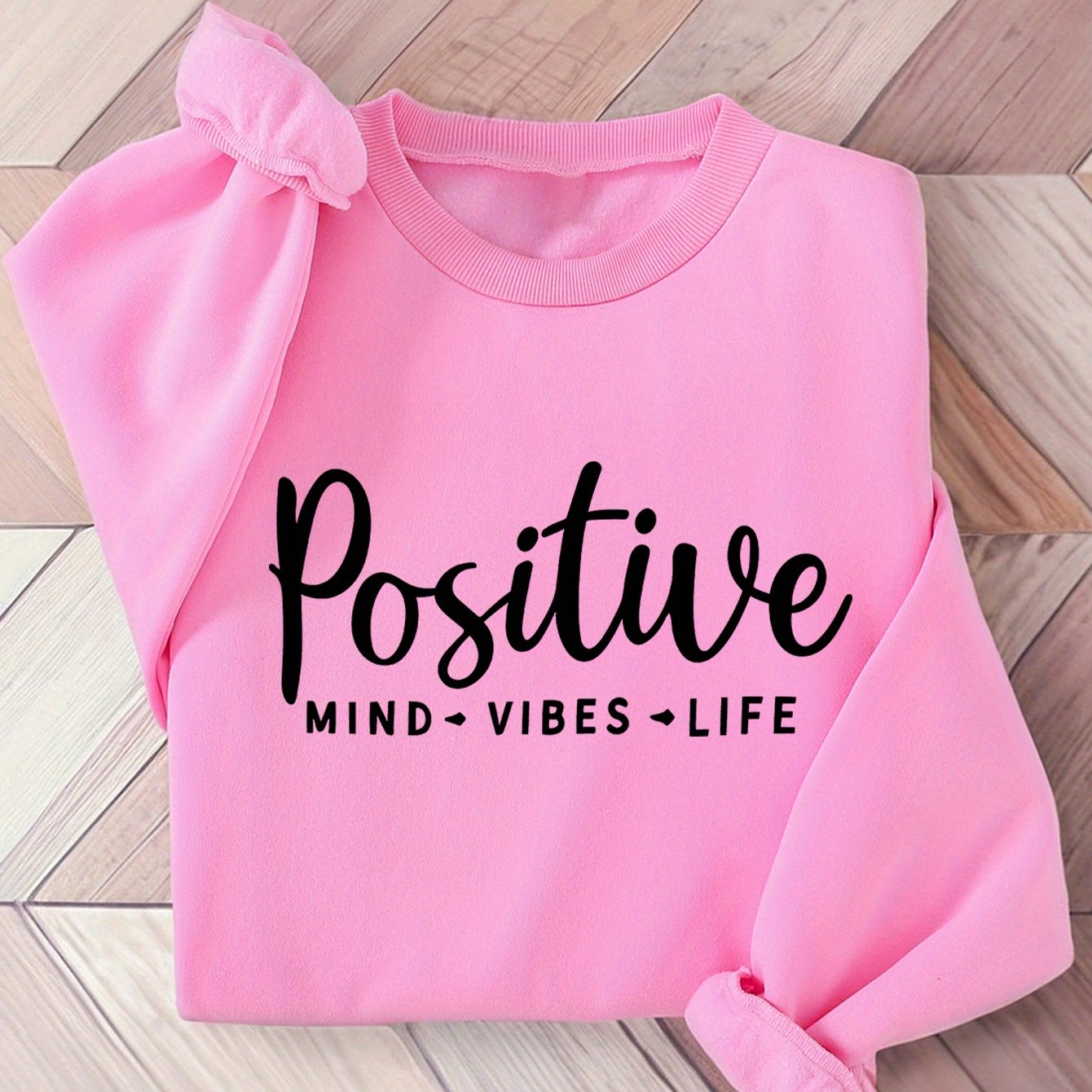 Women's Long Sleeve Sweatshirt | Positive Mind Vibes Inspirational Quote Pullover, Rose Gold, Small - View #10