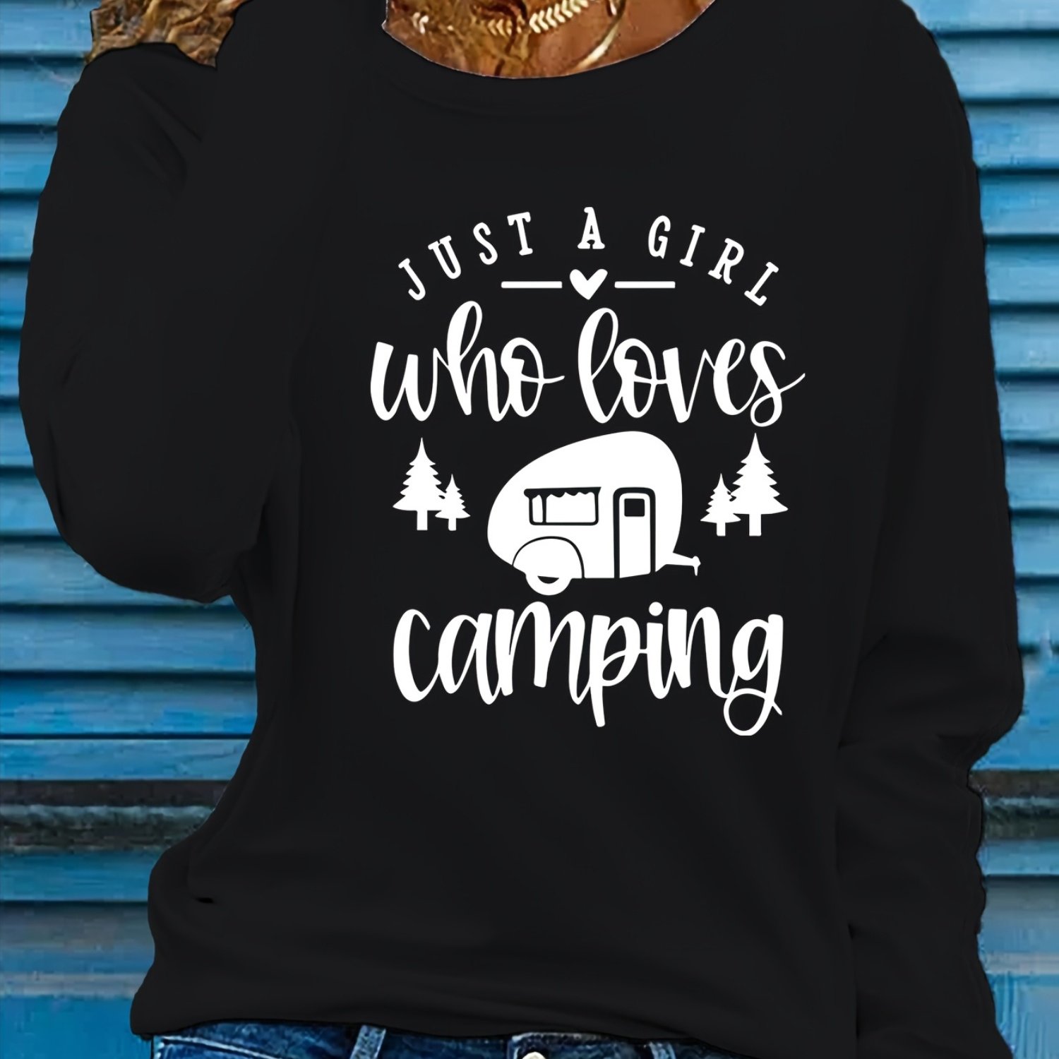 TEMU 1pc Women's Casual Long Sleeve T-shirt With " Who Camping" Letter Print, Round Neck, Knit Polyester Fabric, Slim Fit, Regular Length -