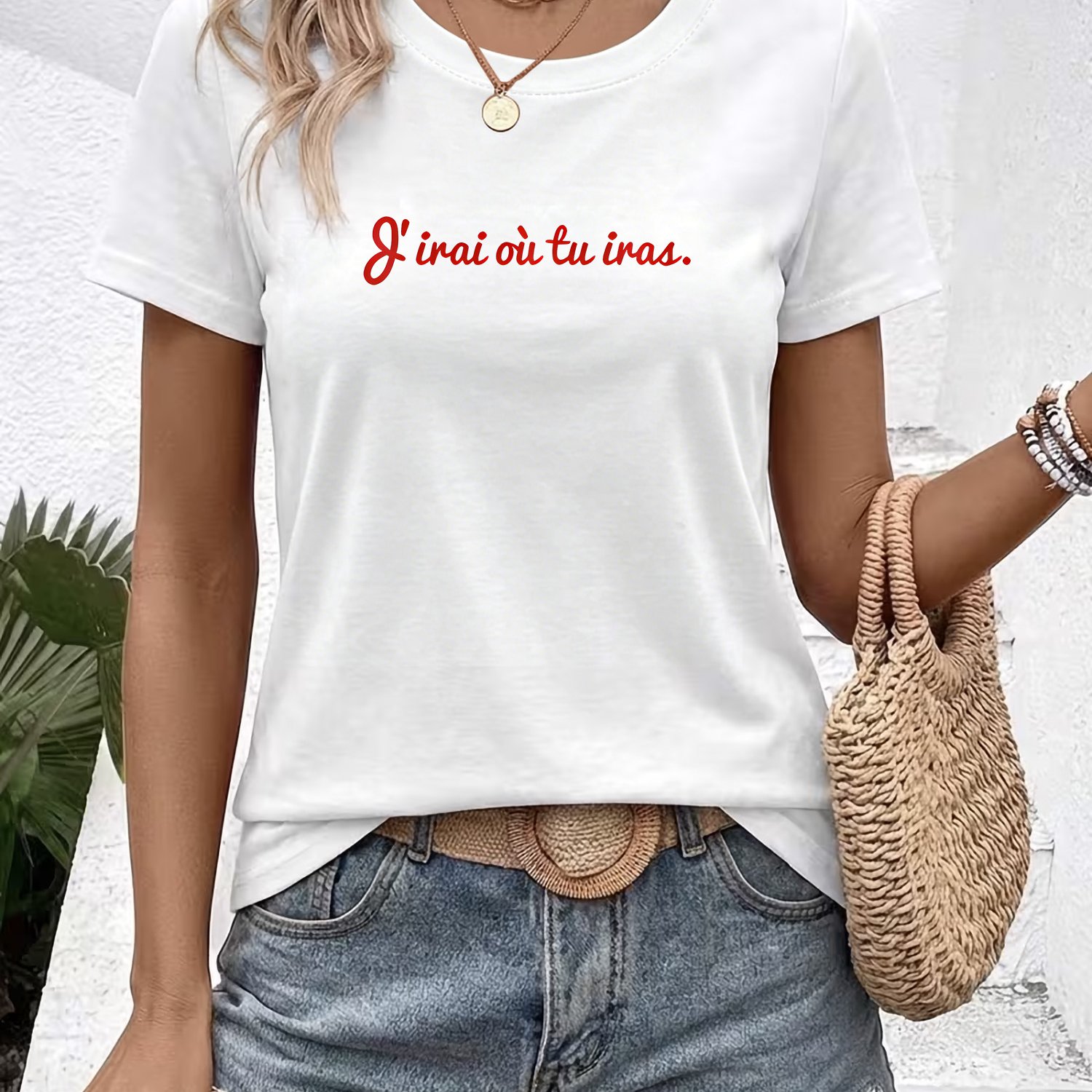 TEMU T-shirt pour femme "French I " à imprimé, , confortable, style , , col rond, respirant, haut décontracté