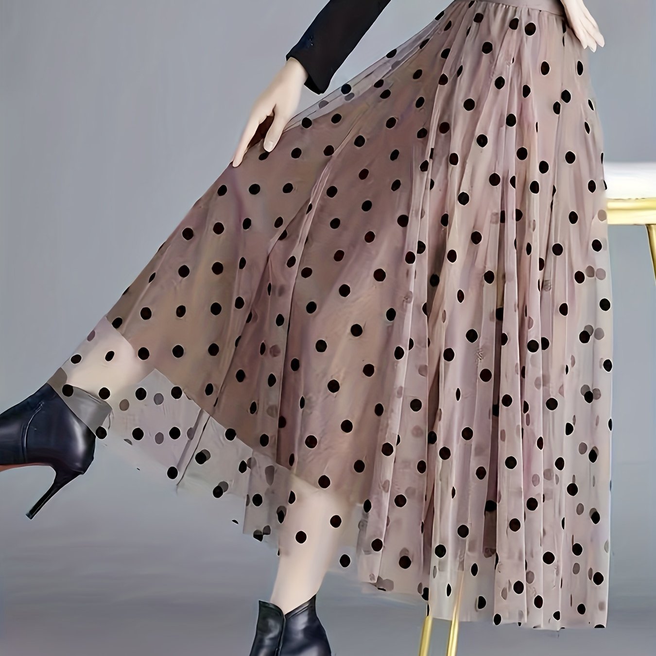 E-shop Mesh Geflockertes Polka Dot Elegantes Midi-Rock Damen Frühling und Herbst Polka Dot Rock