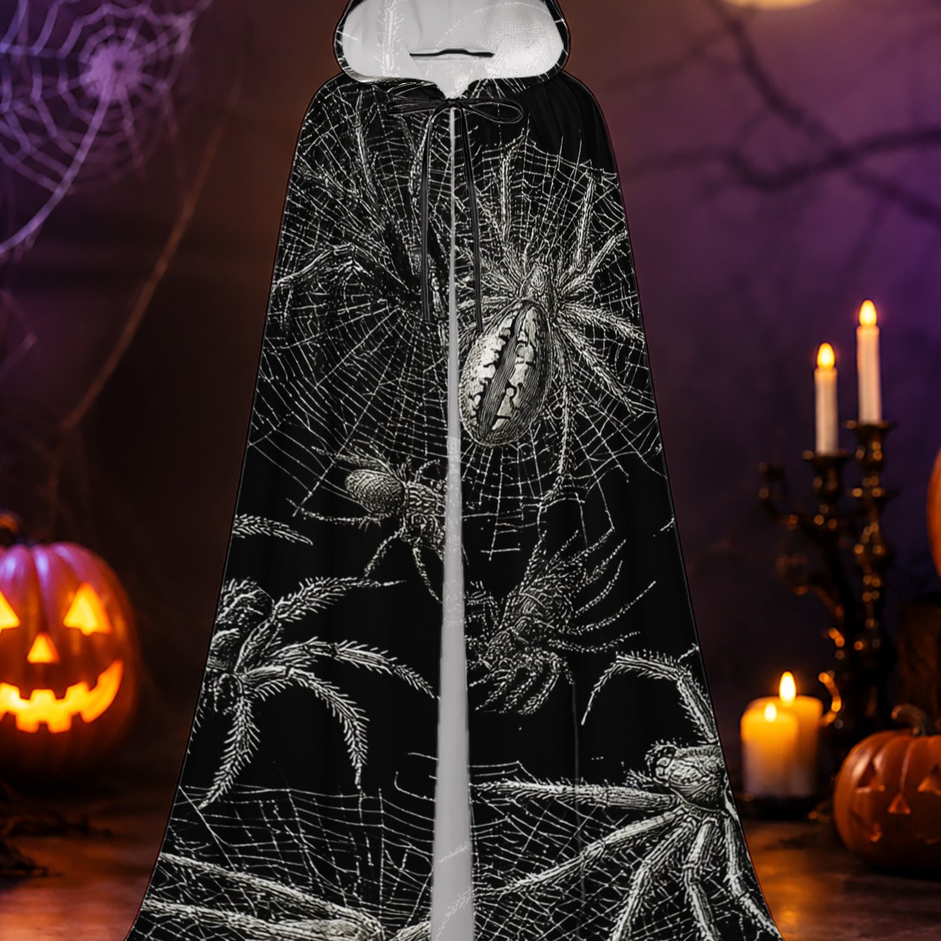 TEMU 1pc, Adult Hooded Cloak With For Halloween Gothic Spider Web Print, Polyester Costume Cape For & Christmas , Fabric
