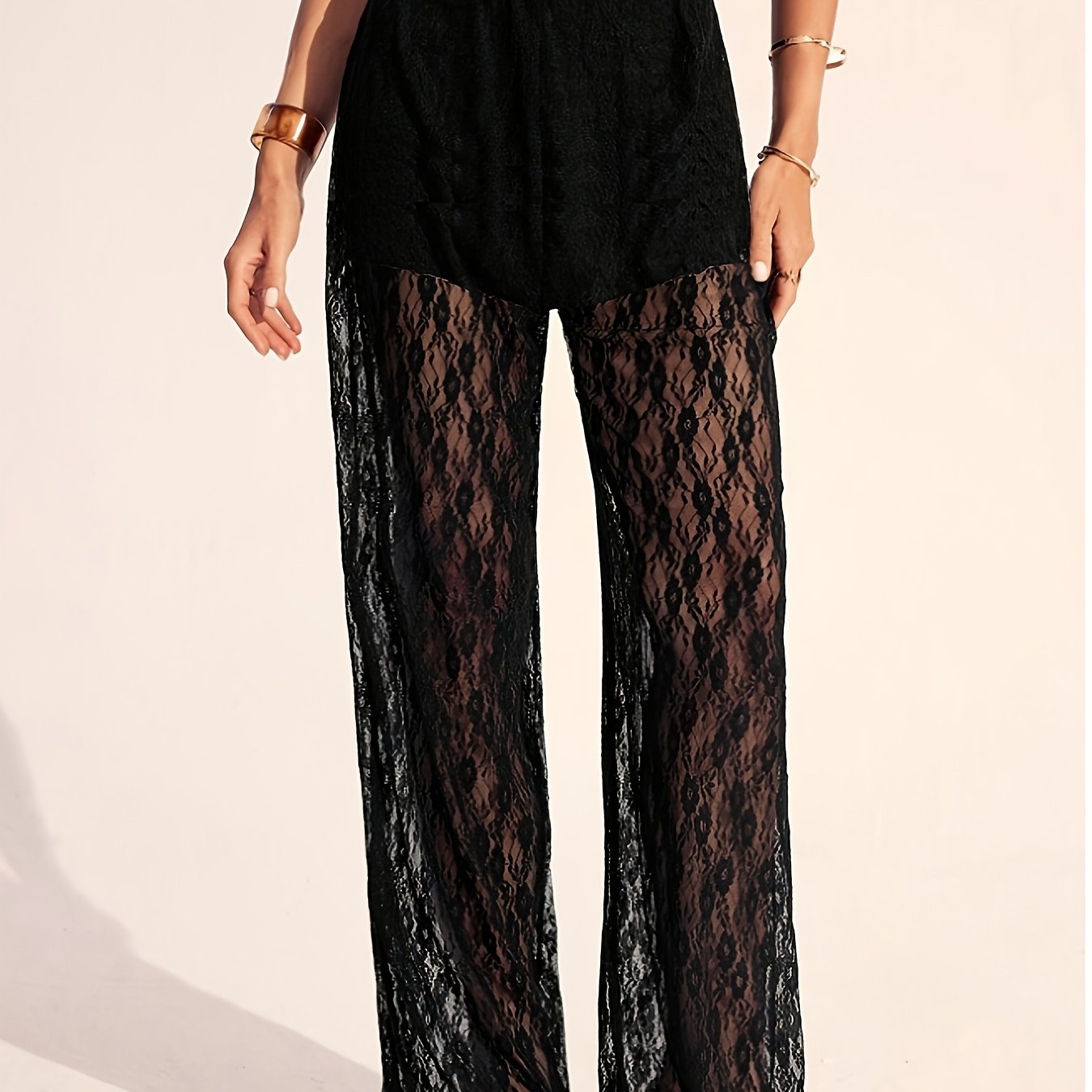 Image of Women's Elegant Semi-sheer Lace Pants With Elastic Waist - Loose Straight-leg Trousers Suitable For Casual & Dressy Wear, Blouse-compatible For -body Types, Machine Washable Wide Leg Pants