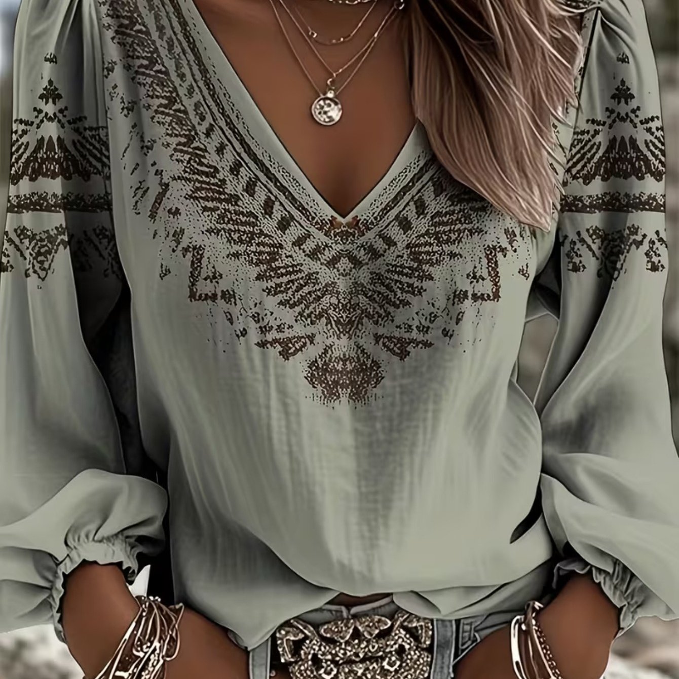 E-shop 2D Flachdruck Damen Casual -Ausschnitt Shirt 2026 Neuer Stil Damen Western Ethno-Muster Langarmshirt Klassischer Kragen Design Langarm Shirt mit