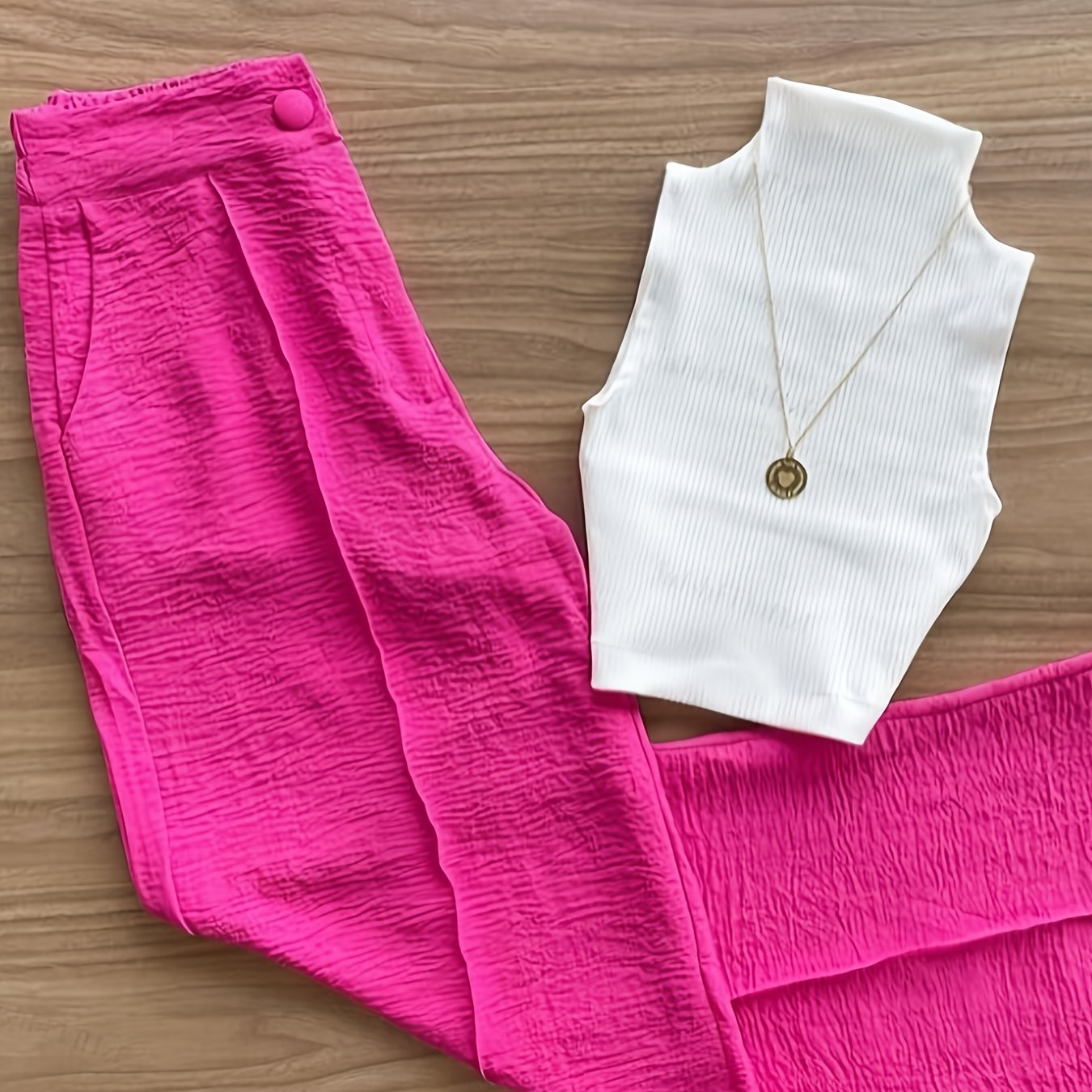 E-shop YTD Damen Top + Casual High-Waist Weitbeinige Hose Uni-Farben Locker 2-teiliges Set