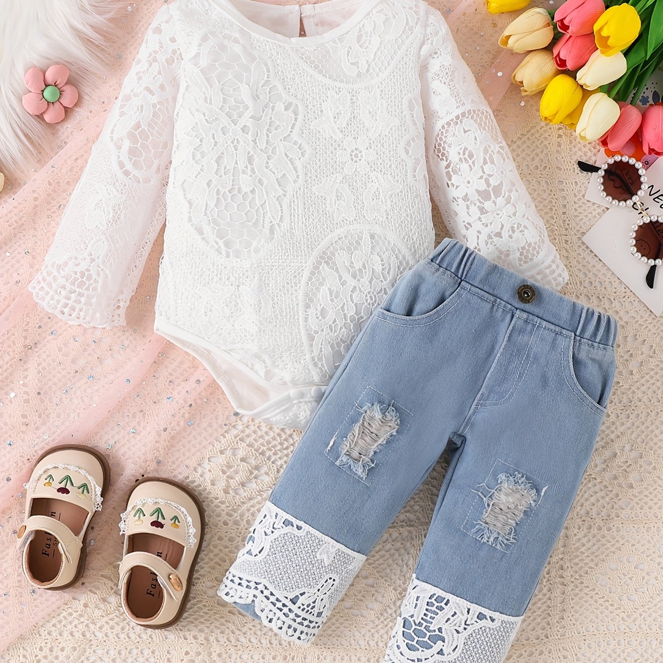 Image of 2pcs Mixed Set For Girls And Toddlers, Spring/autumn Casual Fashion Style, Lace Long-sleeve Romper And Ripped Hem Lace Denim Pants Mixed Set, Perfect For Outdoor